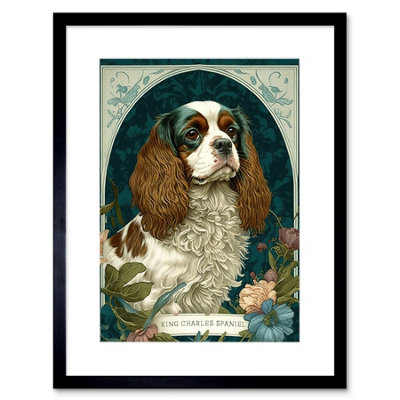 Artery8 Wall Art Print King Charles Spaniel Dog With Flower Blooms Modern Art Nouveau Artwork Framed 9X7 Inch from B&Q