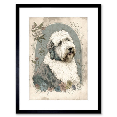 B&Q -  Wall Art Print English Sheepdog With Flower Blooms Boho Portrait Watercolour Artwork Framed 9X7 Inch