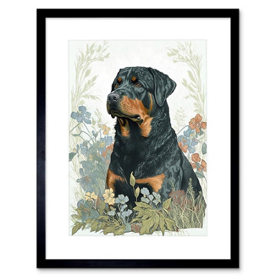 Artery8 Wall Art Print Rottweiler Dog Sitting In Flower Field Modern Watercolour Artwork Framed 9X7 Inch from B&Q