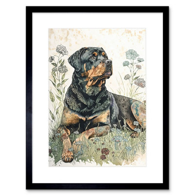 Artery8 Wall Art Print Rottweiler Dog Lying In Wildflowers Bright Watercolour Artwork Framed 9X7 Inch from B&Q