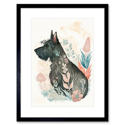 Artery8 Wall Art Print Scottish Terrier Dog In Flower Field Bright Modern Multicoloured Watercolour Artwork Framed 9X7 Inch from B&Q