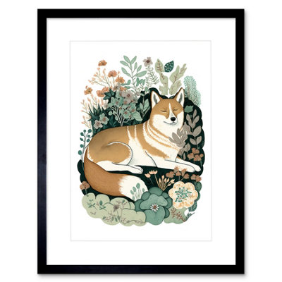 Artery8 Wall Art Print Shiba Inu Dog Lying In Flower Field Modern Stylised Artwork Framed 9X7 Inch from B&Q
