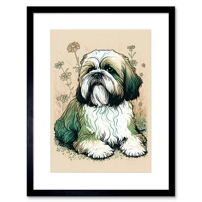 Artery8 Wall Art Print Shih Tzu Dog With Daisies Modern Multicoloured Linocut Artwork Framed 9X7 Inch from B&Q
