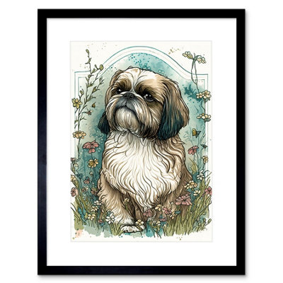 Artery8 Wall Art Print Shih Tzu Dog With Wildflowers Modern Art Nouveau Inspired Artwork Framed 9X7 Inch from B&Q