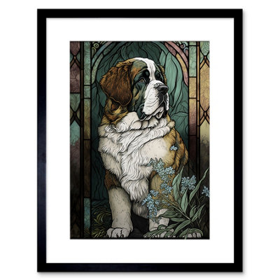 Artery8 Wall Art Print St Bernard Dog With Silvery Lupine Flowers Modern Art Nouveau Artwork Framed 9X7 Inch from B&Q