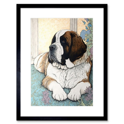 Artery8 Wall Art Print St Bernard Dog Lying By Flower Pot Modern Bright Multicoloured Artwork Framed 9X7 Inch from B&Q