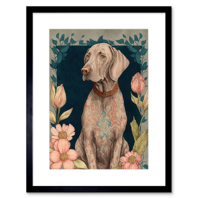 Artery8 Wall Art Print Grey Weimaraner Dog With Ornate Pattern Fur Coat And Flowers Modern Art Nouveau Artwork Framed 9X7 Inch from B&Q
