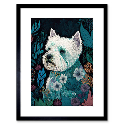 Artery8 Wall Art Print West Highland White Terrier In Flowers Dark Multicoloured Linocut Artwork Framed 9X7 Inch from B&Q