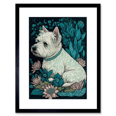 Artery8 Wall Art Print West Highland White Terrier Sitting In Flower Field Modern Dark Artwork Framed 9X7 Inch from B&Q