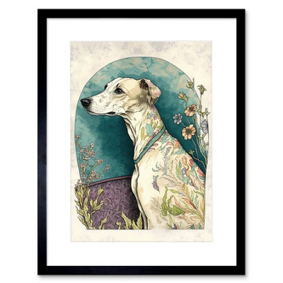 Artery8 Wall Art Print Whippet Dog With Flowers Modern Multicoloured Watercolour Artwork Framed 9X7 Inch from B&Q