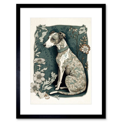 Artery8 Wall Art Print Whippet Dog With Floral Pattern Fur Coat Art Nouveau Inspired Watercolour Artwork Framed 9X7 Inch from B&Q