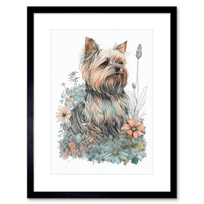 Artery8 Wall Art Print Yorkshire Terrier Dog In Wildflowers Bright Watercolour Artwork Framed 9X7 Inch from B&Q