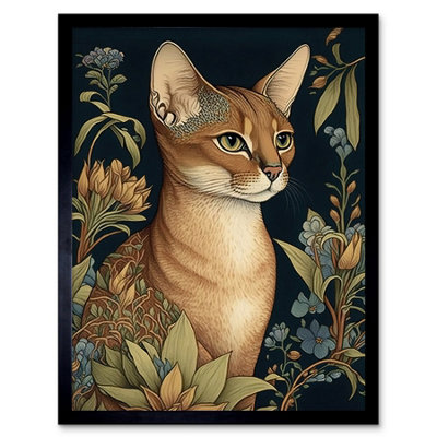 Artery8 Framed Wall Art Abyssinian Cat With Flowers Art Nouveau Modern Watercolour12X16 Inch from B&Q