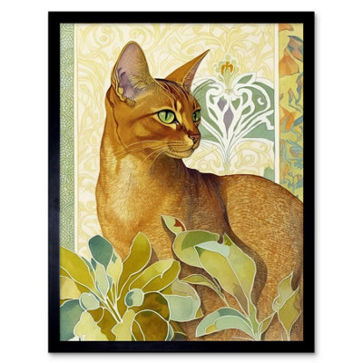 Artery8 Framed Wall Art Abyssinian Cat With Plants Art Nouveau Bright Modern Watercolour12X16 Inch from B&Q