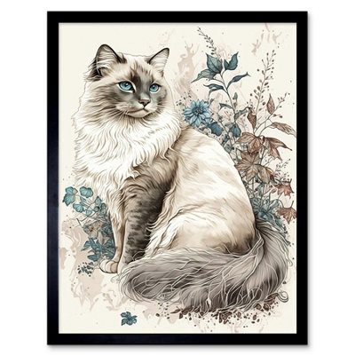 Artery8 Framed Wall Art Blue Point Ragdoll Cat With Flowers Watercolour12X16 Inch from B&Q