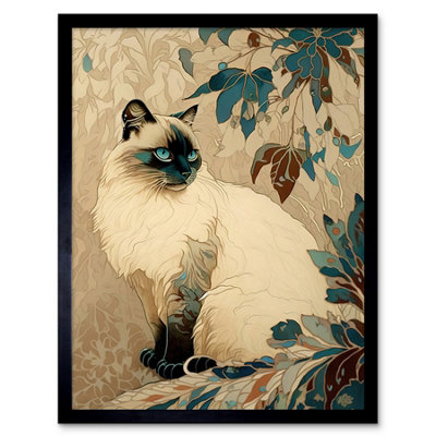 B&Q -  Framed Wall Art Blue Point Ragdoll Cat And Plant Pattern Art Nouveau Modern12X16 Inch