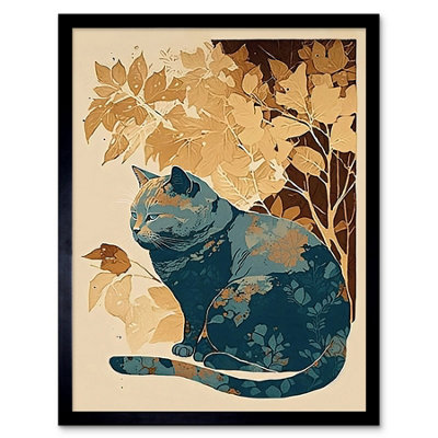B&Q -  Framed Wall Art Cat By Countryside Shrub Bush In Autumn Modern Linocut12X16 Inch