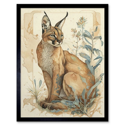 Artery8 Framed Wall Art Caracal Cat With Teal Plants Modern Pastel Watercolour12X16 Inch from B&Q