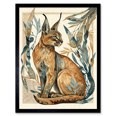 Artery8 Caracal Cat Teal Plants Modern Nouveau Watercolour Framed Wall Art Print from B&Q