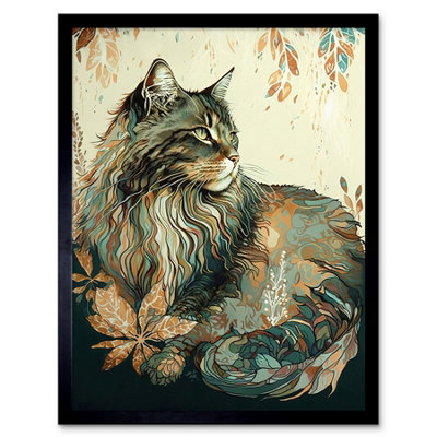 Artery8 Framed Wall Art Maine Cat With Flower Pattern Modern Watercolour12X16 Inch from B&Q