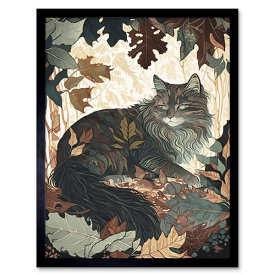 B&Q -  Framed Wall Art Norwegian Forest Cat Resting Under Bush Trees Modern12X16 Inch