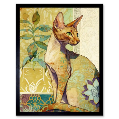 Artery8 Framed Wall Art Shorthair Cat With Art Nouveau Botanical Patterns Colourful Watercolour12X16 Inch from B&Q