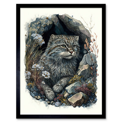 Artery8 Framed Wall Art Wild Cat In Rock Cavity With Wildflowers Detailed Watercolour12X16 Inch from B&Q