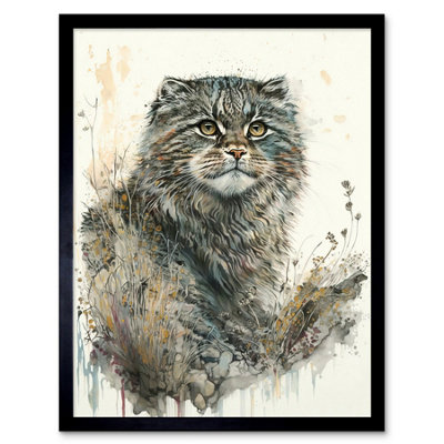 Artery8 Framed Wall Art Manul Pallas Cat Portrait In Wildflowers Watercolour12X16 Inch from B&Q