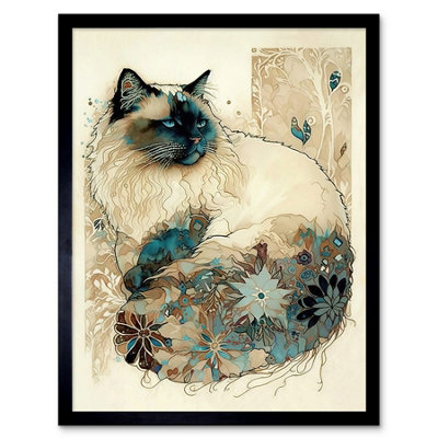 Artery8 Framed Wall Art Ragdoll Cat With Floral Pattern Tail Modern Watercolour12X16 Inch from B&Q