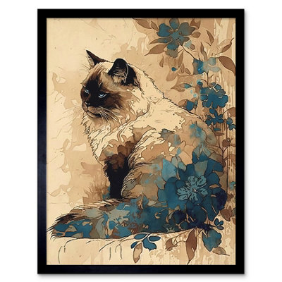 Artery8 Framed Wall Art Ragdoll Cat With Floral Patterns Watercolour12X16 Inch from B&Q