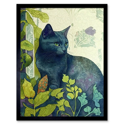 B&Q -  Framed Wall Art Russian Blue Cat With Bright Ornate Plants Modern Art Nouveau12X16 Inch