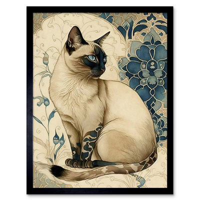 Artery8 Framed Wall Art Siamese Cat With Blue Flower Pattern Modern Art Nouveau Watercolour12X16 Inch from B&Q