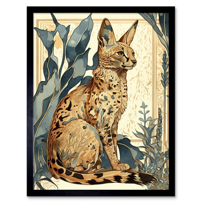 Artery8 Framed Wall Art Serval Cat With Teal Plants Watercolour Portrait Modern12X16 Inch from B&Q