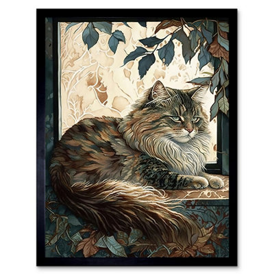 B&Q -  Framed Wall Art Siberian Cat Perched On Window Sill In Autumn Modern12X16 Inch