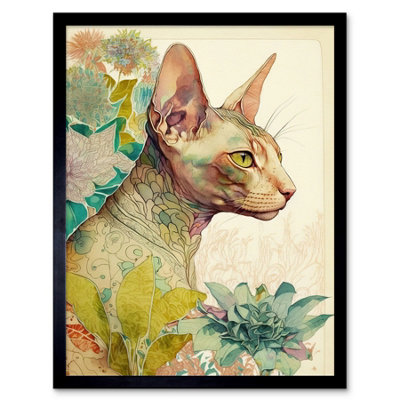 Artery8 Framed Wall Art Sphynx Cat With Floral Tattoo In Flower Blooms Colourful Modern Watercolour12X16 Inch from B&Q