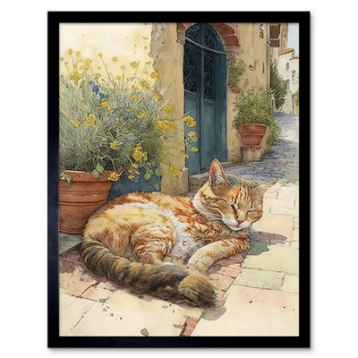 Artery8 Framed Wall Art Cat Sunbathing In Mediterranean Village Street Watercolour12X16 Inch from B&Q