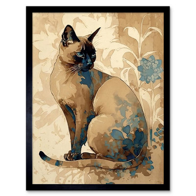 Artery8 Framed Wall Art Tonkinese Cat With Blue Flower Modern Watercolour12X16 Inch from B&Q