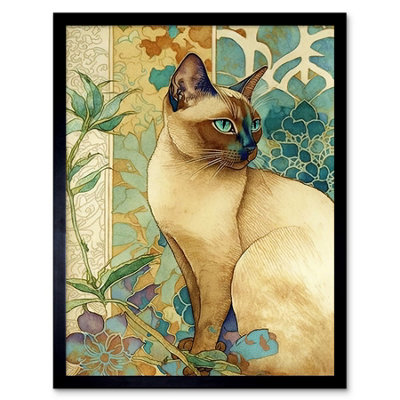 Artery8 Framed Wall Art Tonkinese Cat With Art Nouveau Botanical Patterns Colourful Watercolour12X16 Inch from B&Q
