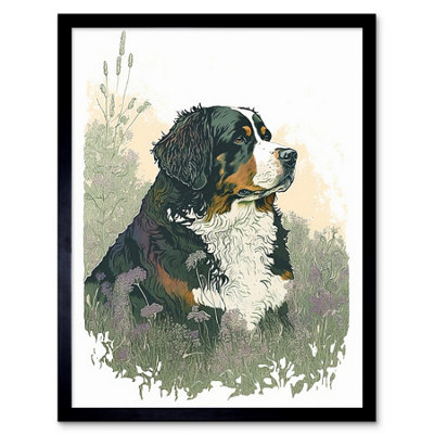 B&Q -  Framed Wall Art Bernese Mountain Dog In Wild Flower Field Watercolour12X16 Inch