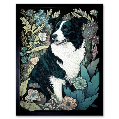 Artery8 Border Collie Dog In Wildflower Field Modern 12X16" Framed Wall Art Print from B&Q