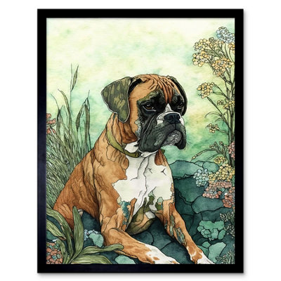 Artery8 Framed Wall Art Boxer Dog In Flower Field Colourful Watercolour12X16 Inch from B&Q