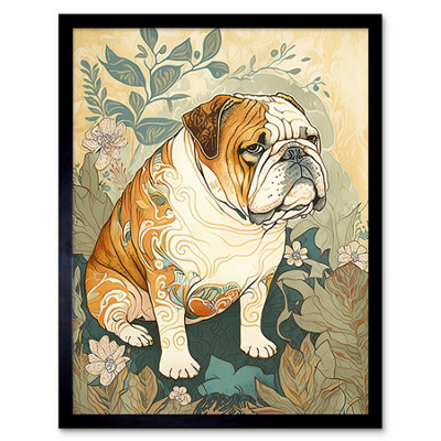 B&Q -  Framed Wall Art Bulldog With Ornate Pattern Fur Coat In Flower Field Modern Watercolour12X16 Inch