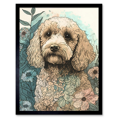 Artery8 Framed Wall Art Cockapoo Dog In Wildflower Field Pastel Watercolour12X16 Inch from B&Q