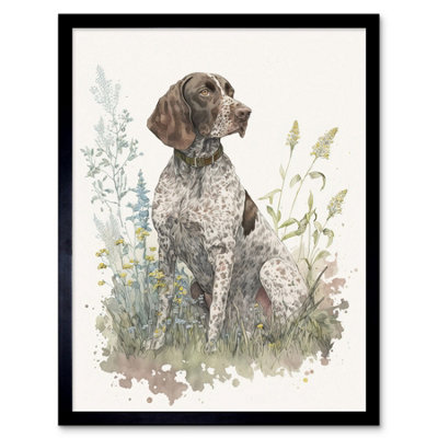 Artery8 Framed Wall Art German Pointer Dog Sitting In Field Modern Detailed Pastel Watercolour12X16 Inch from B&Q
