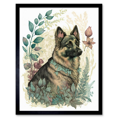 Artery8 Framed Wall Art German Shepherd Dog With A Leaf Collar Spring Field Boho Pastel Watercolour12X16 Inch from B&Q