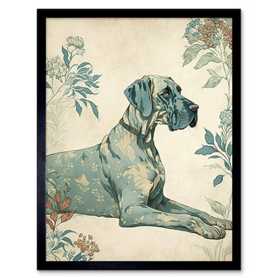 B&Q -  Framed Wall Art Blue Great Dane Dog With Flower Pattern Fur Coat Modern12X16 Inch