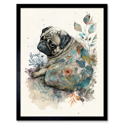 Artery8 Framed Wall Art Pug Dog With Floral Pattern Modern Multicoloured Watercolour12X16 Inch from B&Q