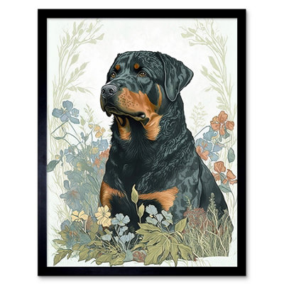 Artery8 Framed Wall Art Rottweiler Dog Sitting In Flower Field Modern Watercolour12X16 Inch from B&Q