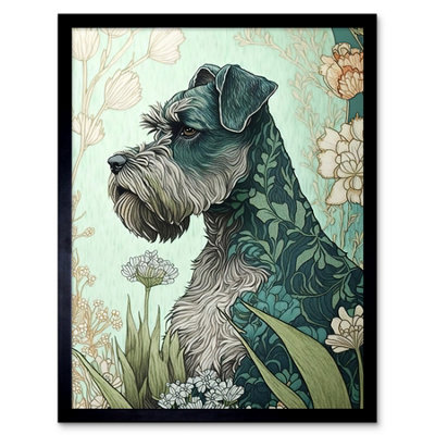 B&Q -  Framed Wall Art Grey Schnauzer Dog With Floral Pattern Fur Coat In Flowers Modern Watercolour12X16 Inch