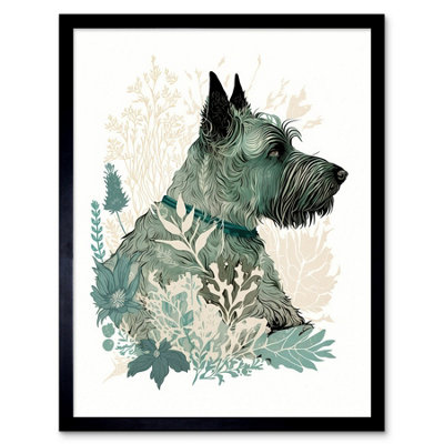 Artery8 Framed Wall Art Scottish Terrier Dog Lying In Flower Field Modern Teal Tan12X16 Inch from B&Q